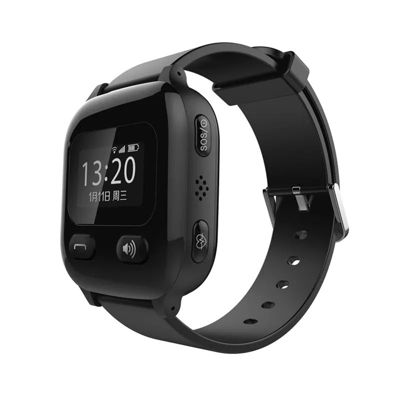 Black smart positioning watch with wrist strap for adults and elderly, Android compatible with SIM card slot