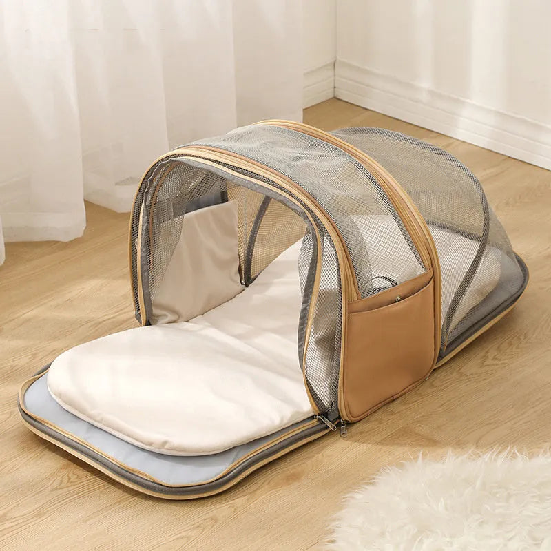 Foldable pull-rod pet backpack in nylon, 50-60L capacity, shown in Grey, Khaki, or Pink