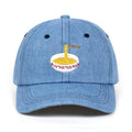 Cotton baseball cap with embroidered design and duck tongue brim in black, blue, pink, and white