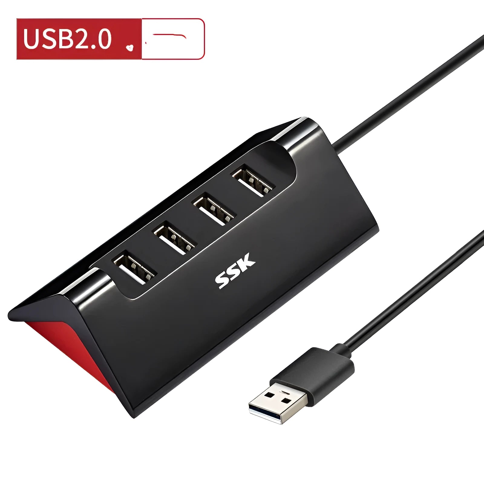 Black plastic USB hub with four USB-A ports and a Micro USB power port on a desk.