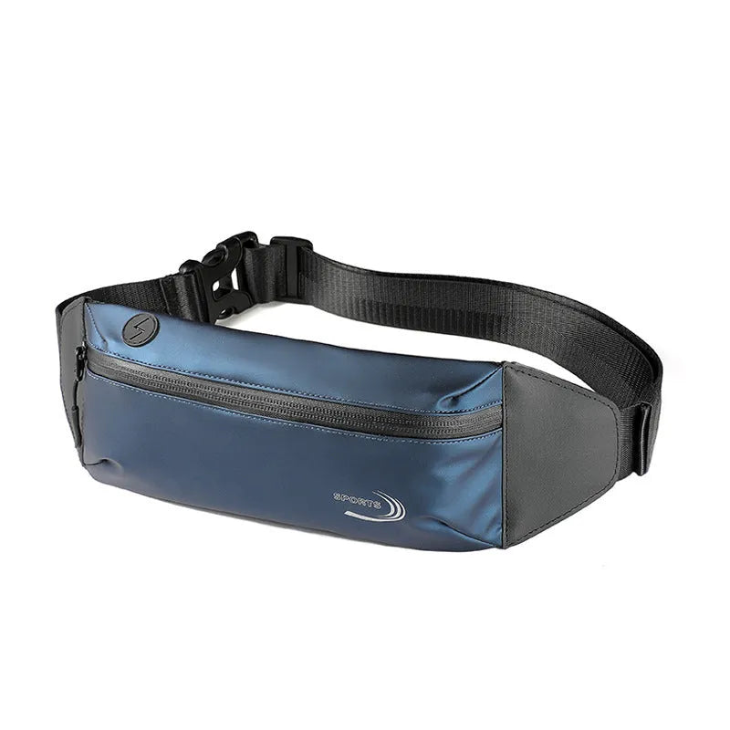 Men's blue waterproof Derm Oxford polyester sports waist bag with adjustable strap.