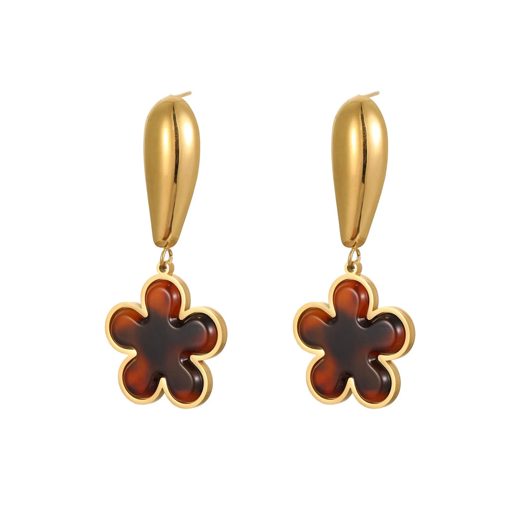 Tortoiseshell resin Hawksbill colour earrings in heart or flower shape made from 18K stainless steel.