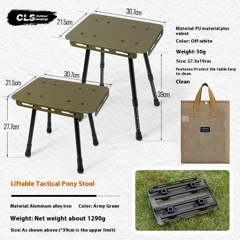CLS aluminium dual-use camping stool shown in Army Green, folded and with storage bag.