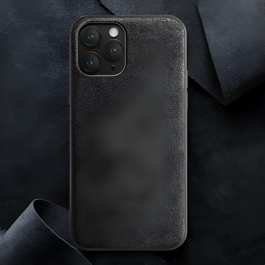 Suede back cover phone case for iPhone in elegant black, dark night green, and dark blue.