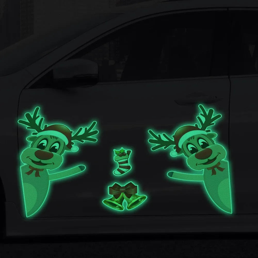 Set of magnetic Christmas stickers with a luminous reflective cartoon elk bell design on a synthetic resin background.