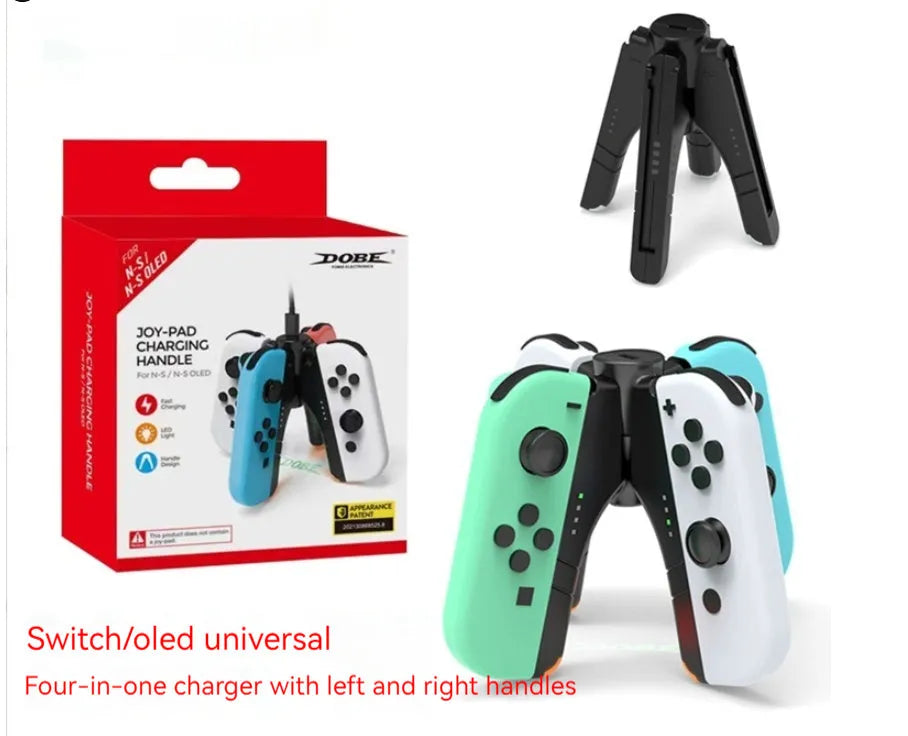 Black four-in-one charger holder for Switch, attached to handle ends with Type-C interface.
