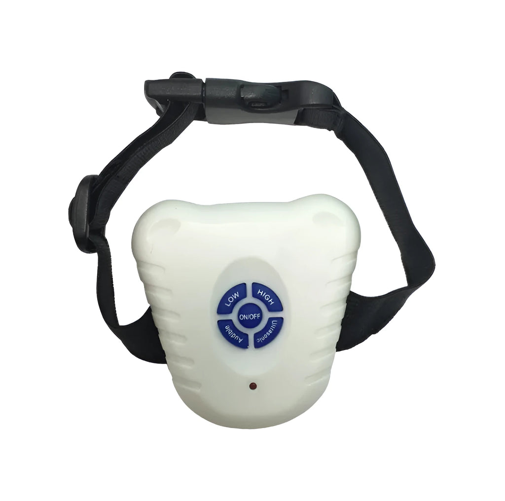 White ultrasonic automatic dog training collar with elasticated buckle strap for small to medium dogs