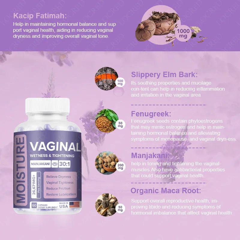 Bottle of 60 vaginal capsules for women's intimate health supplement