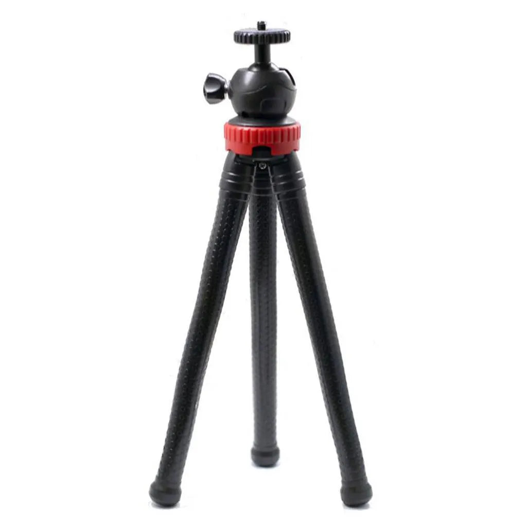 Black rubber octopus tripod with flexible legs and spherical gimbal head for mobile phones and cameras