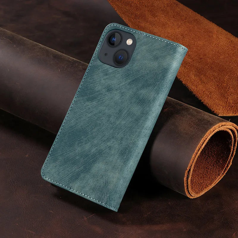 Magnetic leather flip phone case for iPhone shown closed, displaying the solid colour and front cover.