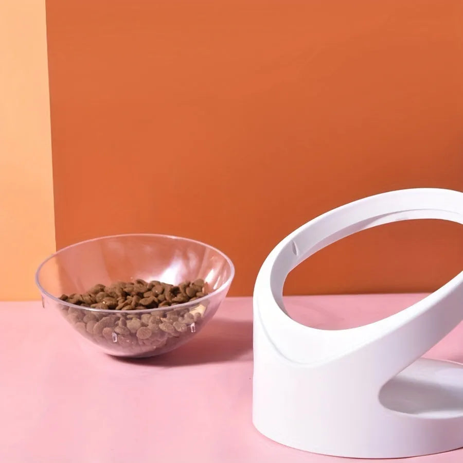 White elevated tilted cat food bowl for neck protection and anti-vomit feeding
