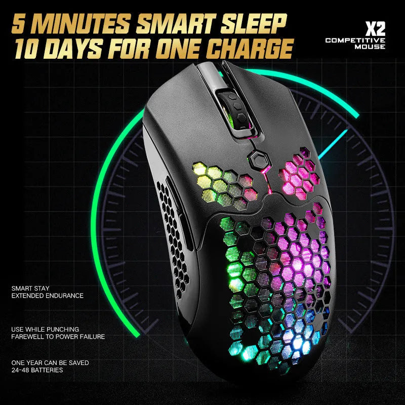 Free Wolf X2 wireless gaming mouse in black on a mouse mat, showing RGB lighting and USB-C cable.