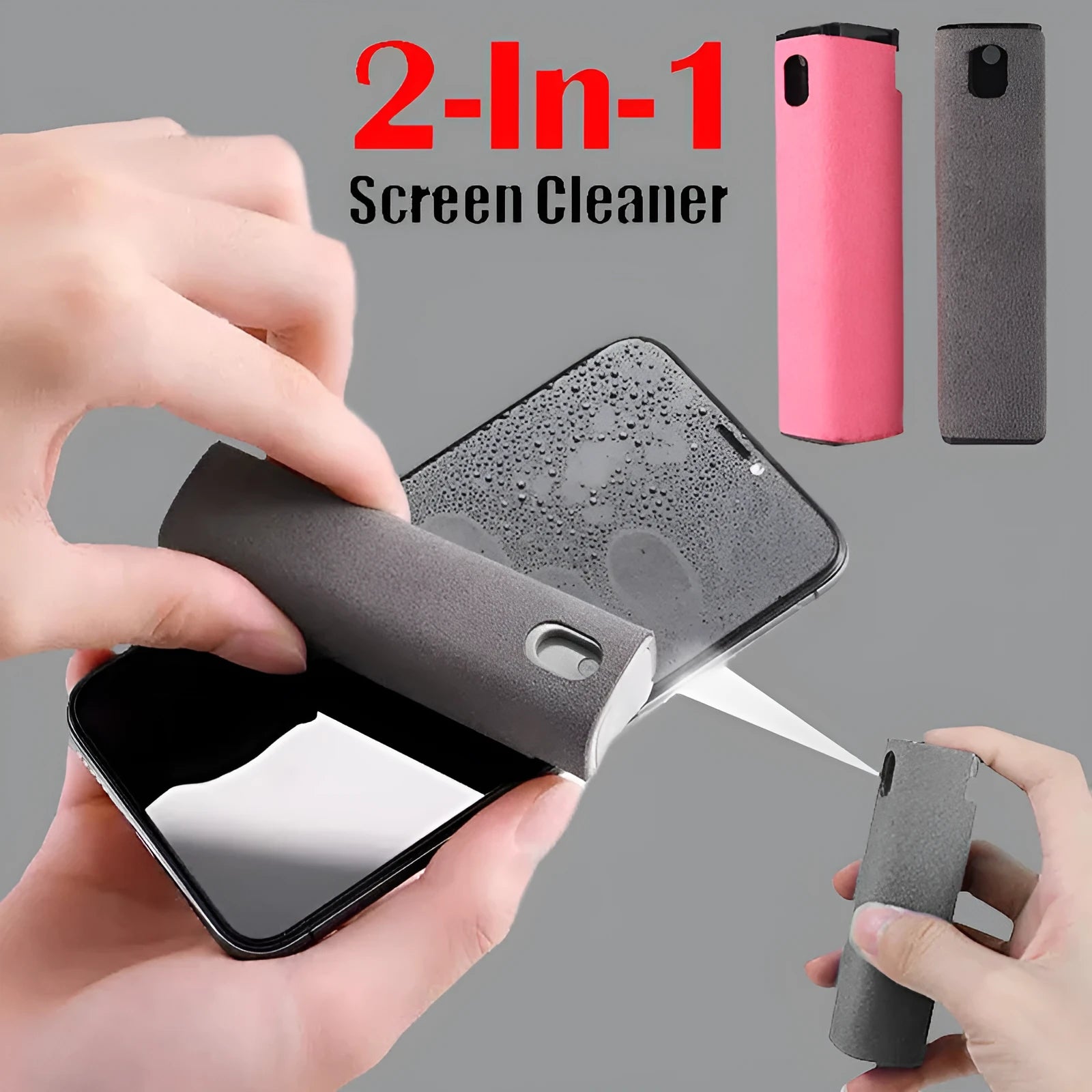 Portable all-in-one screen cleaner with integrated spray and microfiber wipe, 10ml fluid, 9cm size