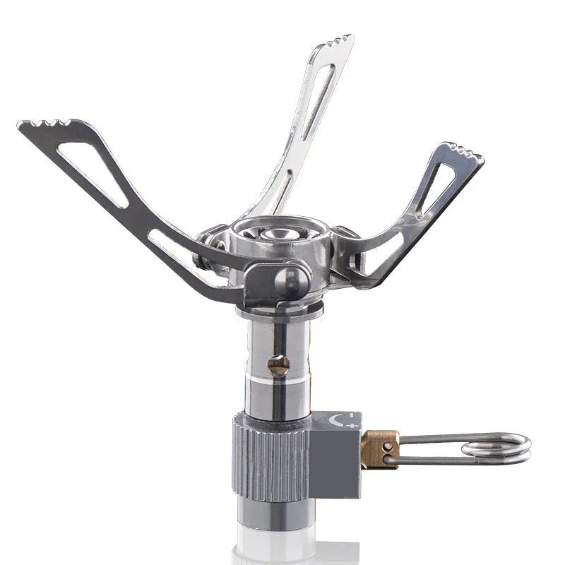 Portable folding mini camping stove in unfolded position showing 3000W burner and anti-skid bracket
