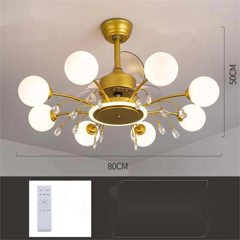 Gold ceiling fan lamp with multiple light heads and metal blades