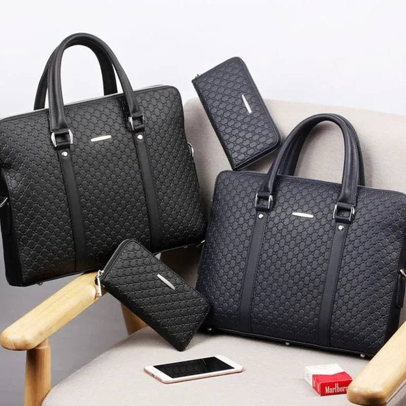 Men's black microfiber synthetic leather business briefcase handbag with embossed letters and adjustable strap