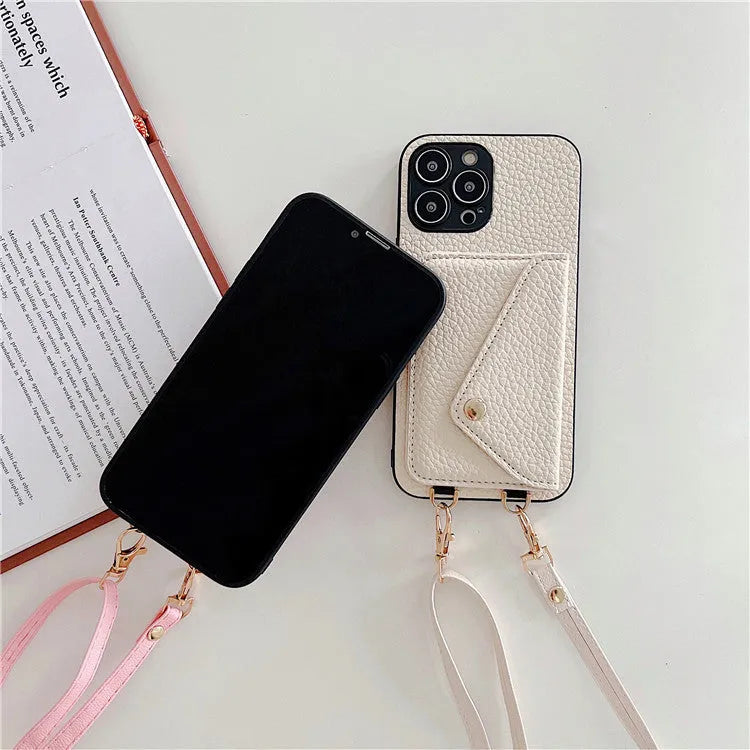 Lychee pattern envelope card holder phone case with long rope in black showing diagonal card slot and lychee texture