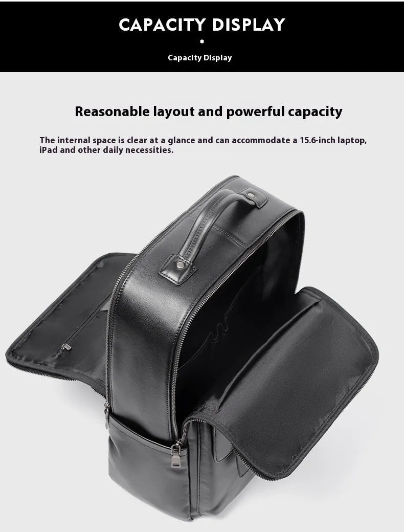 Black genuine leather computer backpack with 36-55 litre capacity and physiological curve back plate