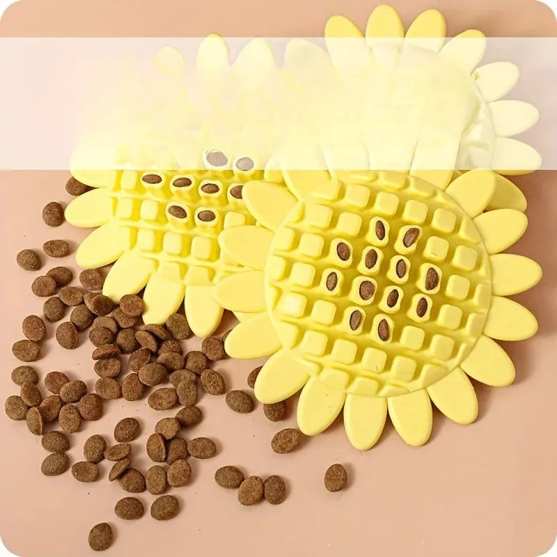 Yellow rubber sunflower-shaped dog chew toy for puppies and dogs