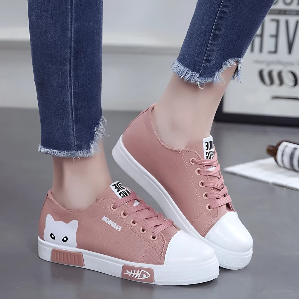 Cat fish canvas shoes with breathable canvas upper and lace-up closure, available in pink, black, and white
