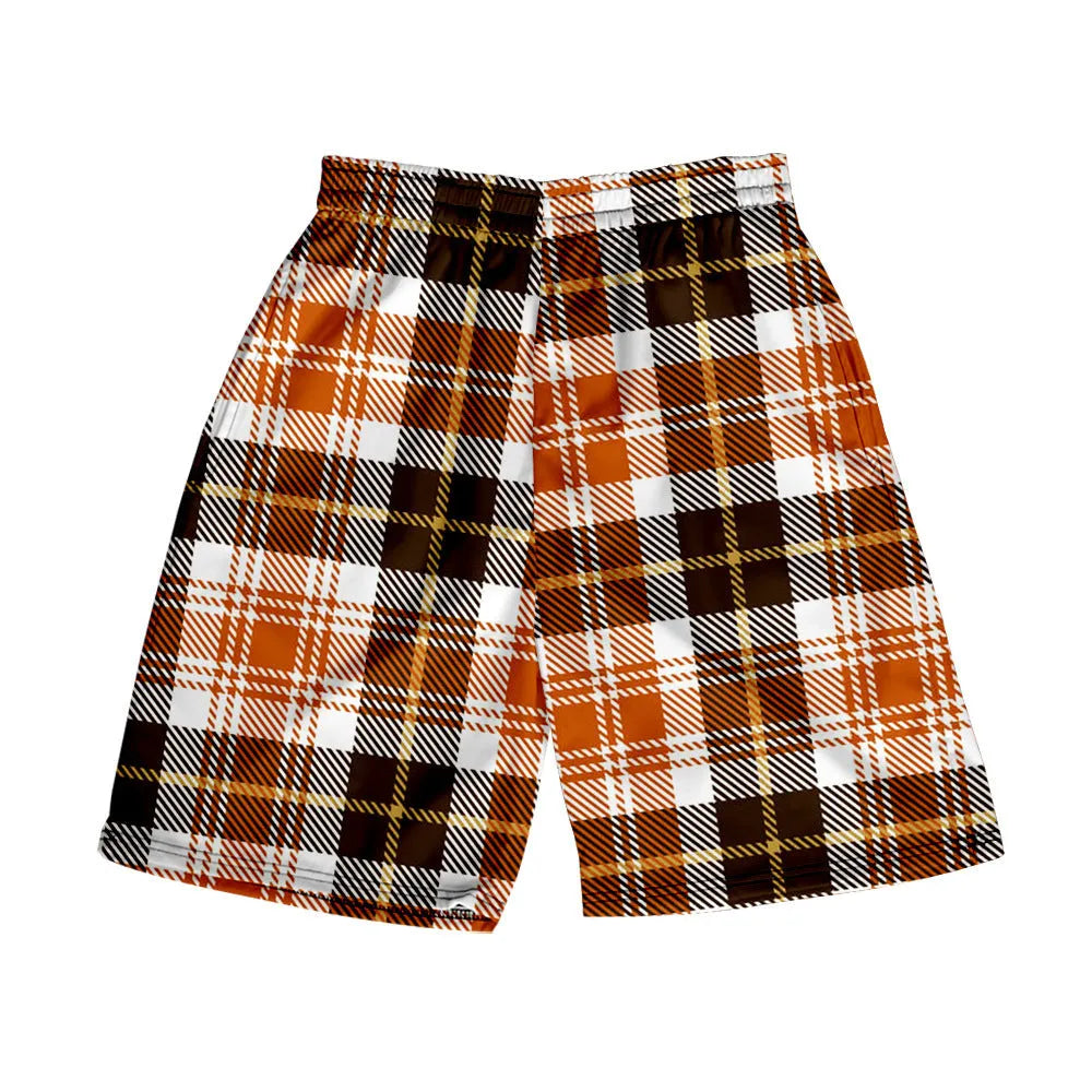 Men's plaid polyester shorts with elastic waistband in straight-leg casual style
