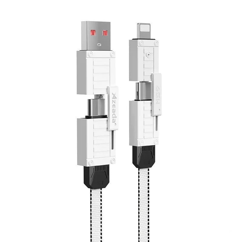65W woven data cable 1.5m with Lightning and Type-C connectors, two-drag-two design, available in black white orange