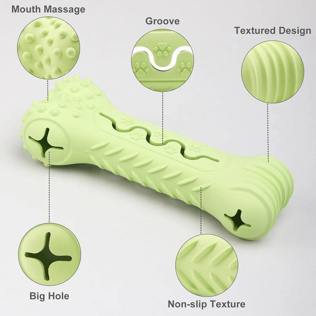 Blue, green, and orange bone-shaped natural rubber dog chew toy on a white background.