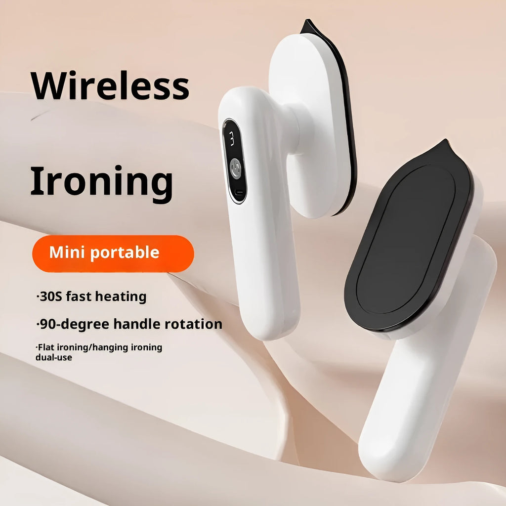 White plastic wireless mini portable pressing machine with USB power and 3-step thermostat on a neutral background