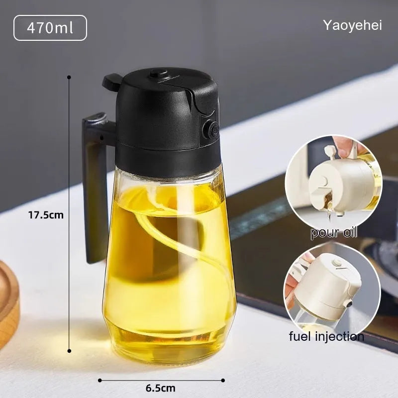 470ml glass 2 in 1 oil sprayer and dispenser bottle in Beige, Black, Green or Yellow for cooking and BBQ