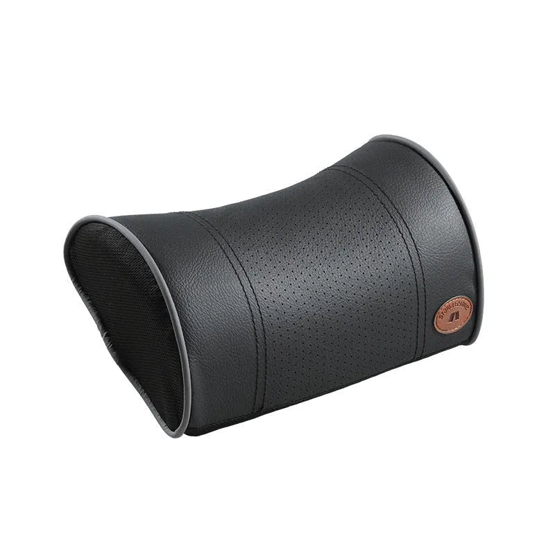 Car headrest neck pillow with memory foam padding, adjustable width and height, leather cover in black with red