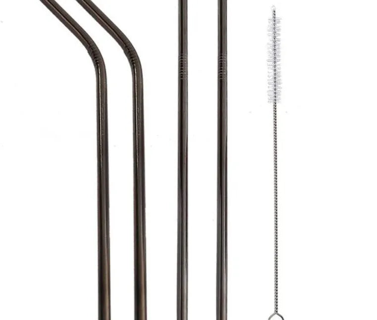 Set of four colourful reusable stainless steel straws in straight and bent styles with a cleaning brush.
