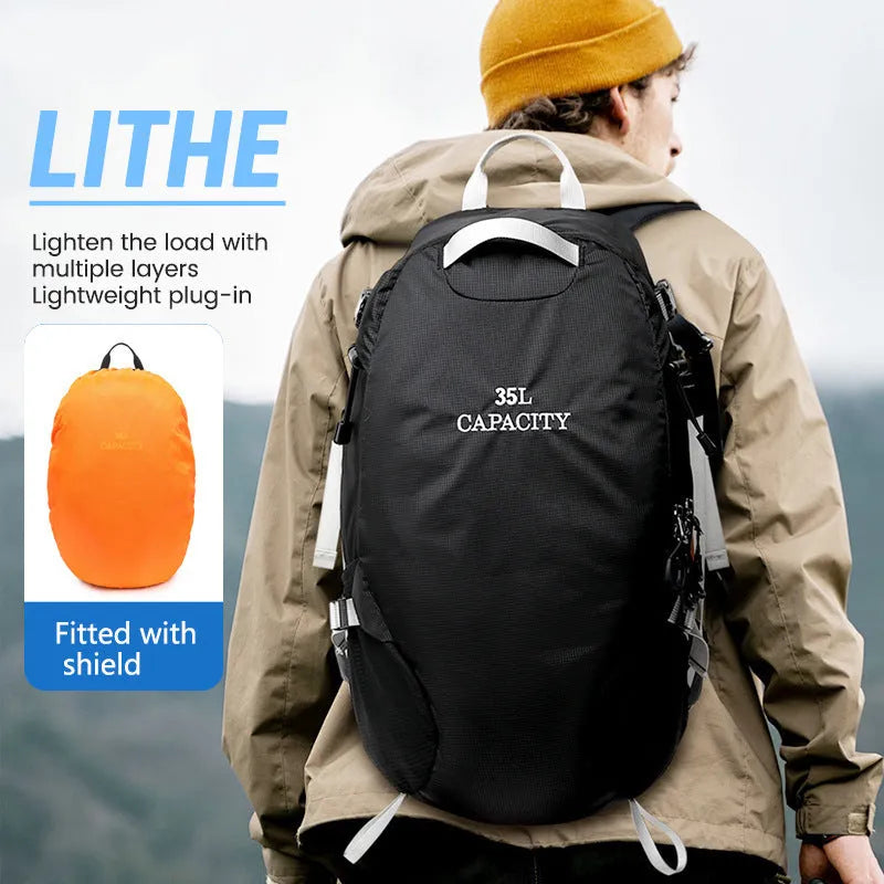 Outdoor waterproof hiking backpack with physiological curve back plate in black, lake blue, or lemon yellow