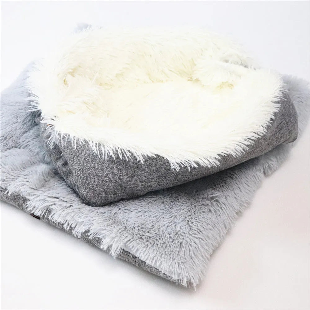 Grey white 2 in 1 pet mattress nest folded into a cosy bed with soft filling, 61x51cm size