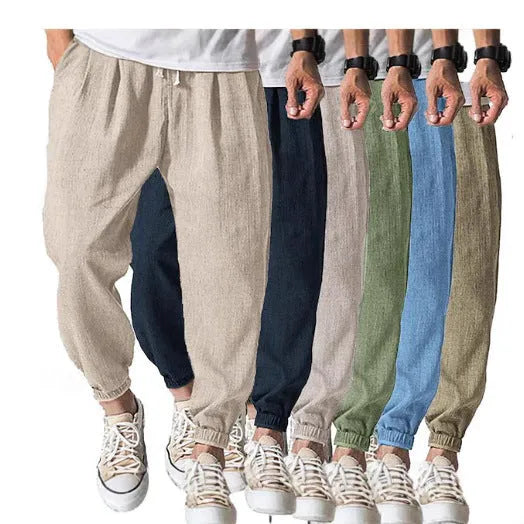 Men's casual cotton banded ankle pants in loose summer fit showing seven colour options