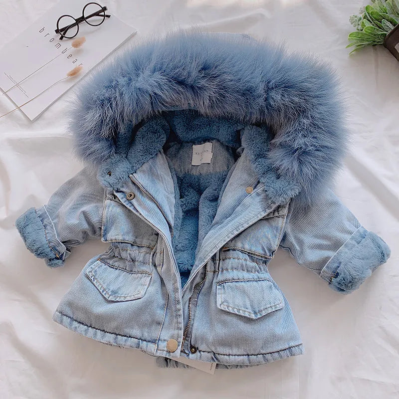 Blue denim coat for a young girl with a fleece lining and a non-removable hood.