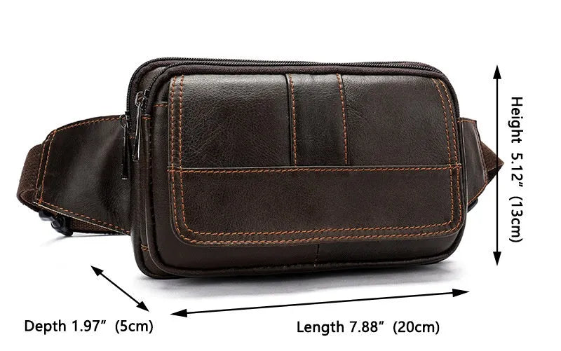 Horizontal square cowhide leather waist bag with zipper closure and multiple internal pockets