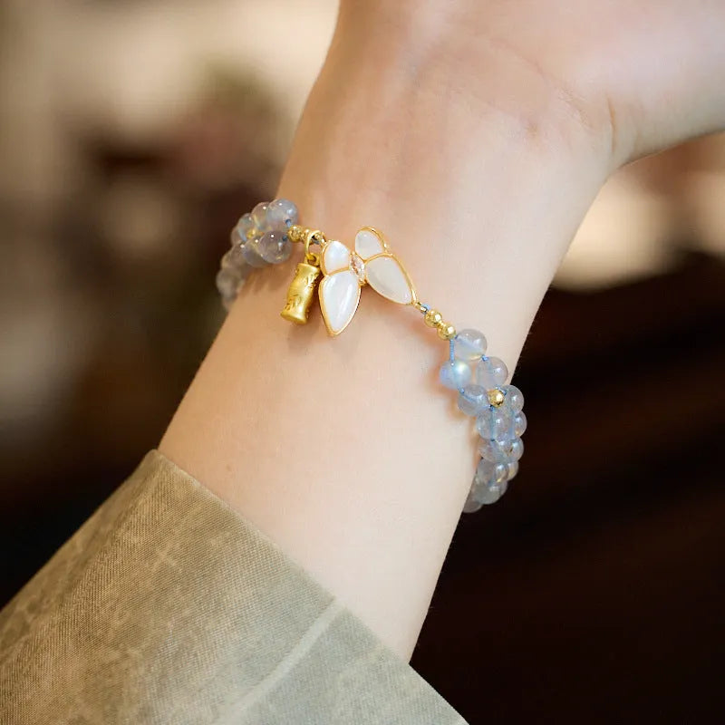 Gray moonstone woven bracelet for women with butterfly hand rope design and geometric retro style