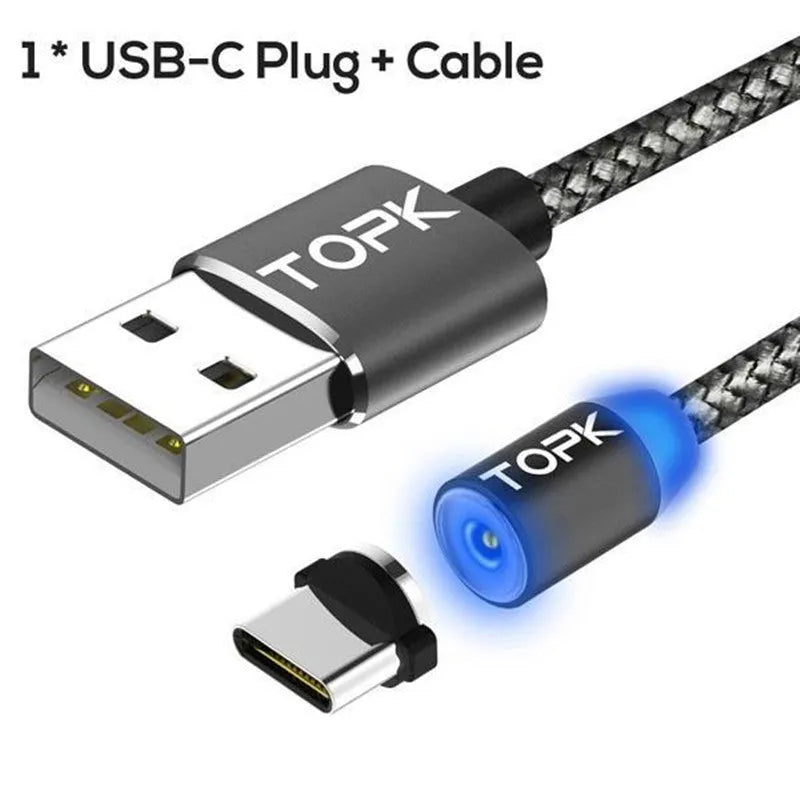 Magnetic charging cable with three interchangeable plugs: Apple Lightning, Type-C and Android micro-USB