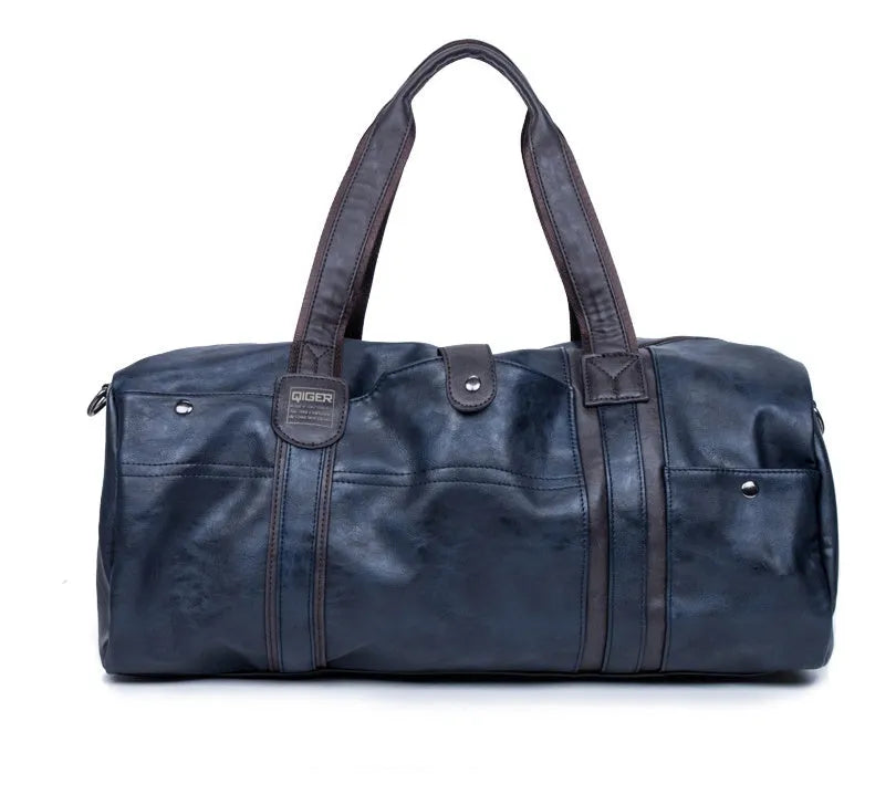 Portable cylinder leisure travel bag in PU leather, 21x49x22cm, 36-55L, with phone, camera and zip pockets