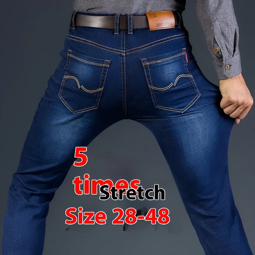 Men's autumn super-stretch loose straight jeans in light blue with high waist and zipper fly