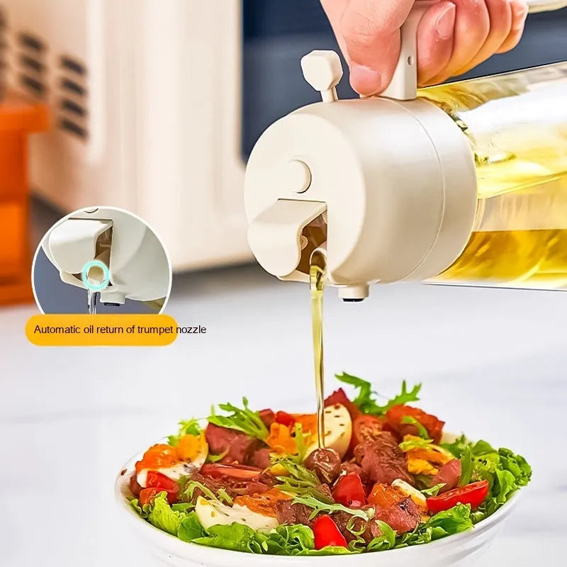 Glass olive oil sprayer and pour bottle with ergonomic handle in beige, yellow, green, or black, 470ml capacity.