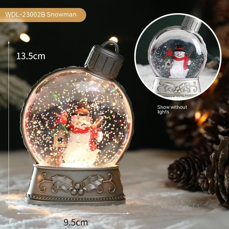 Christmas LED flame light decoration showing four character options: old man, snowman, child tree, and angel designs