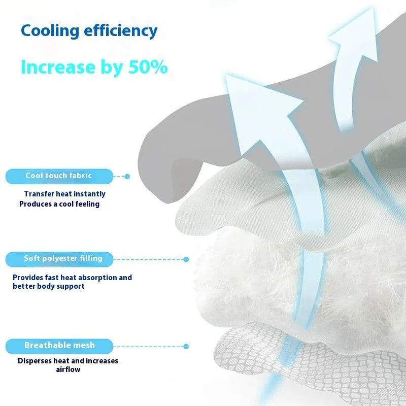 Light gray dog head shaped ice silk cooling mat for pets on a wooden floor