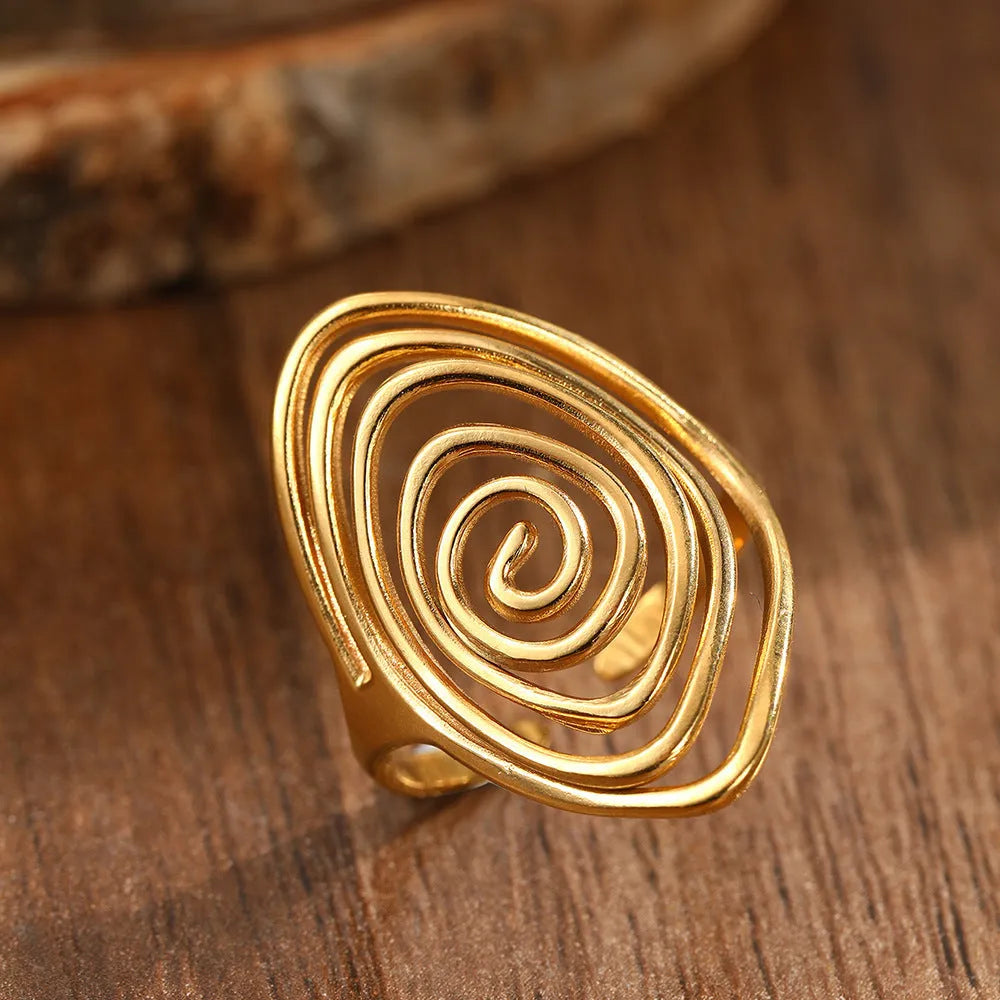 Geometric spiral laid open ring in stainless steel for men and women, retro high sense style, two colours