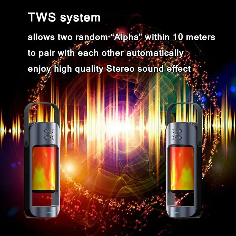 Portable Bluetooth speaker with orange dancing flame light on top, showing wireless charging pad and control buttons.