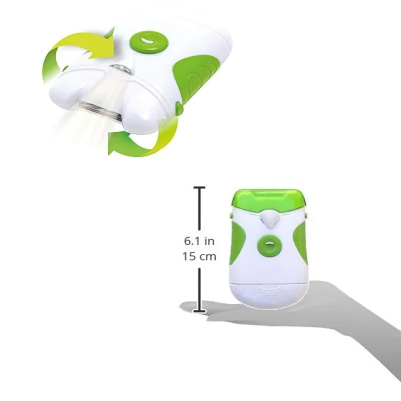 Green electric nail trimmer and file, ABS construction, compact size for home manicure pedicure