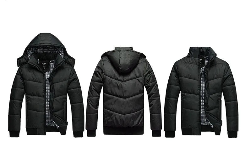 Black winter parka for men with detachable hood, full zip front, and multiple pockets, shown front view