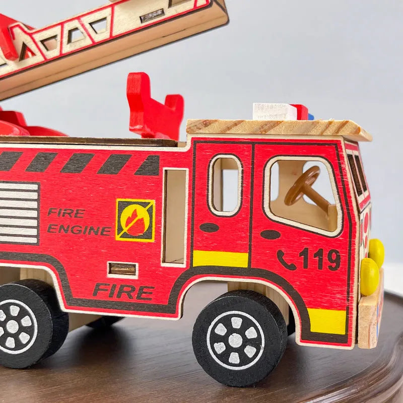 Colourful wooden fire truck model toy on a white background, 21.5cm long, bright default colour