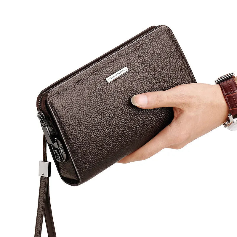 Men's genuine leather clutch wallet with litchi pattern embossing, anti-theft sandwich pocket, and removable handle in black