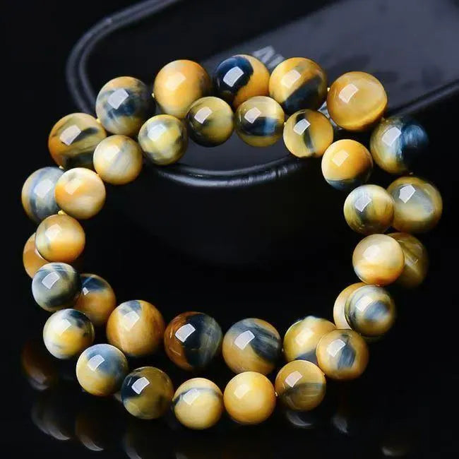 Handmade fantasy tiger eye agate bracelet with geometric round beads in natural stone patterns